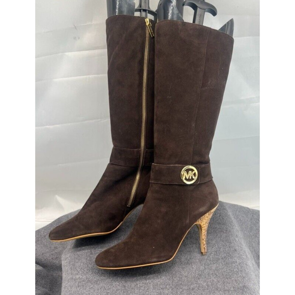 Michael Kors Brown Suede Leather Tall Boots High Heel Gold Emblem Size 9 - Picture 2 of 10